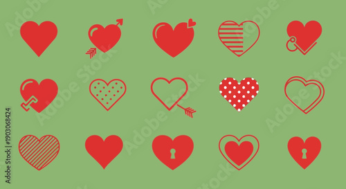 A collection of 15 red heart icons with various designs and patterns on a green background.