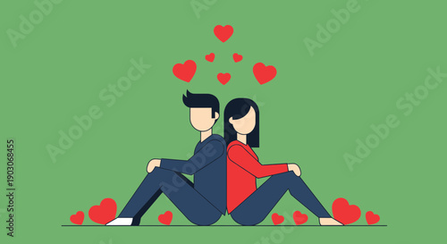 Couple sitting back to back surrounded by hearts symbolizing love and romance.