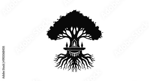 Mystical tree of life with intricate roots and a shrine at its base, symbolizing growth and spirituality.