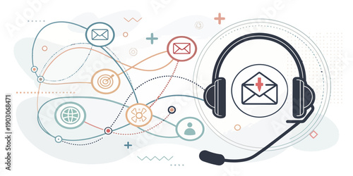 Friendly vector illustration of customer support and service, featuring icons of headphones, chat bubbles, and helping hands in a flat design style.