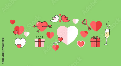A collection of Valentine's Day themed icons including hearts, gifts, lovebirds, and a champagne glass on a green background.