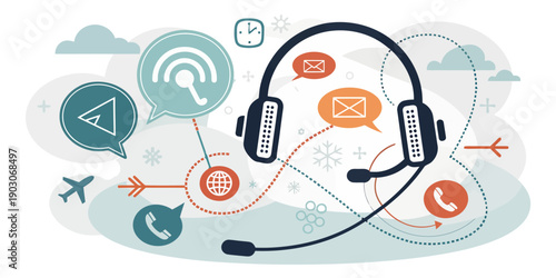 Professional vector illustration of customer support and service, with icons for communication, help, and assistance in a clean, flat style.