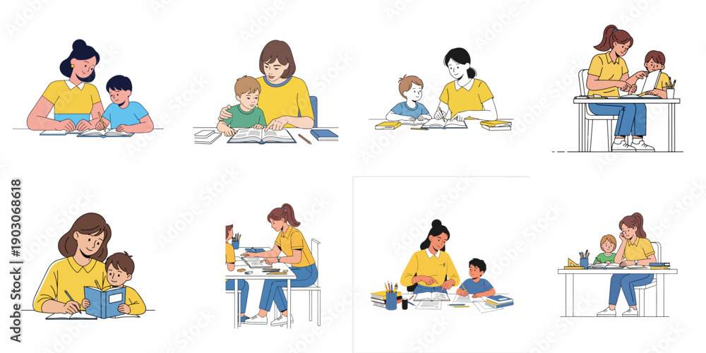 Fototapeta premium Set of illustrations showing mothers or female tutors helping young boys study, read, and complete school homework assignments, emphasizing education and family learning.