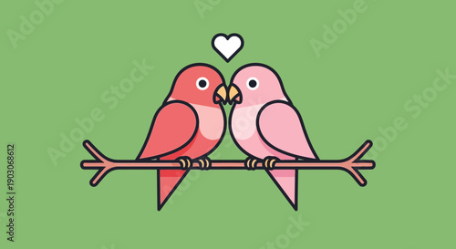 Two adorable lovebirds perched on a branch with a heart above them.
