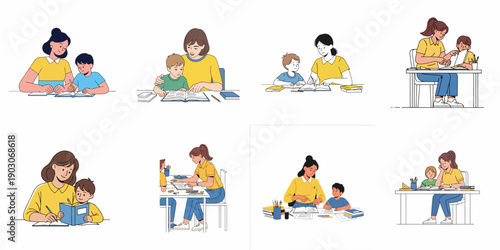 Set of illustrations showing mothers or female tutors helping young boys study, read, and complete school homework assignments, emphasizing education and family learning.