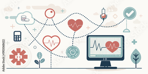 Futuristic vector illustration representing healthcare technology, featuring abstract elements like DNA, circuits, and medical icons for digital health.