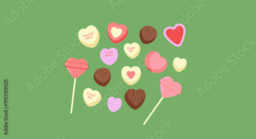 A collection of heart-shaped candies and lollipops arranged on a green background.