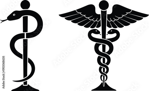 Rod of Asclepius and Caduceus vector illustration showing single serpent staff and double serpent winged staff medical and symbolic icons