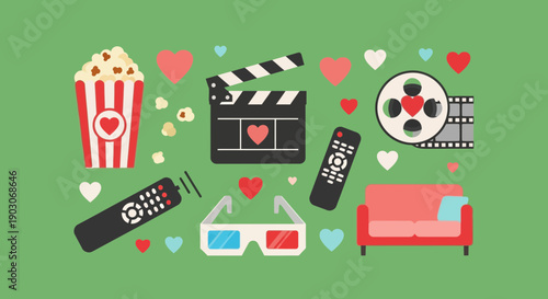 A collection of movie-watching essentials, including popcorn, a clapperboard, 3D glasses, remote controls, and a sofa, all adorned with hearts.