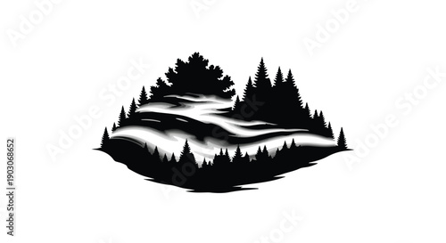 Serene forest landscape with a winding river under a cloudy sky