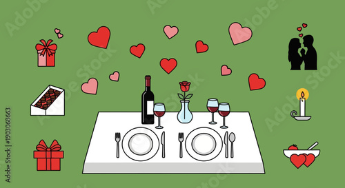 A romantic Valentine's Day dinner setting with hearts, gifts, chocolates, wine, and a candle.