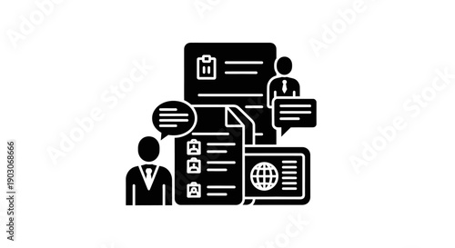 Business Meeting Icons: Documents, Passport, Speech Bubbles, People, Checklist