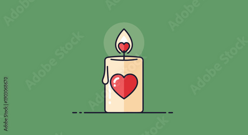 A lit candle with a heart design on it, symbolizing love and warmth.