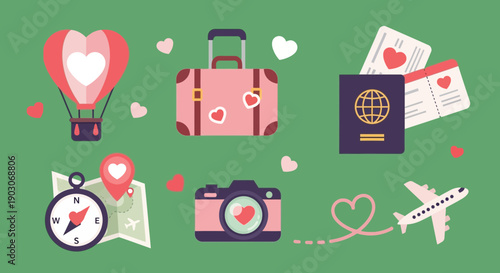 A collection of travel-related icons with a romantic theme, including a hot air balloon, suitcase, passport, map, camera, and airplane.