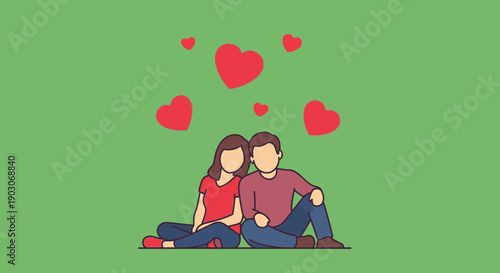A couple sits together surrounded by floating red hearts, symbolizing love and romance.