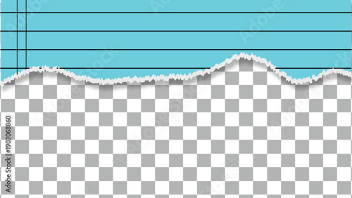 Blue lined notebook paper with torn edge isolated on transparent background