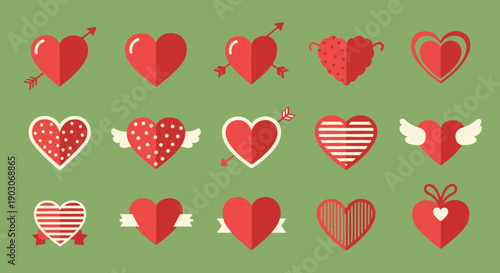 A collection of 15 stylized red heart icons with various decorative elements on a green background.