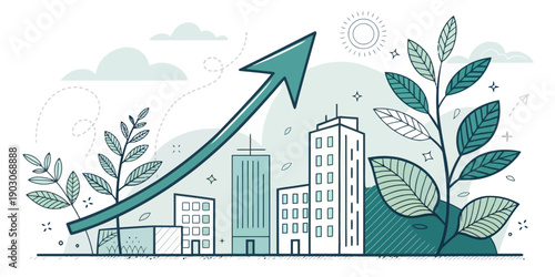 Sustainable business growth concept with rising graph and green leaves, presented in a flat vector illustration style.
