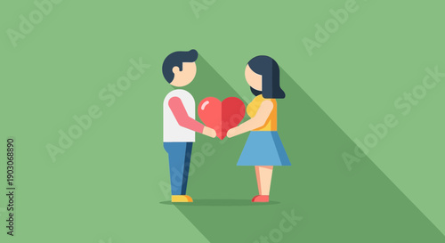 A man and a woman holding a red heart together, symbolizing love and relationships.