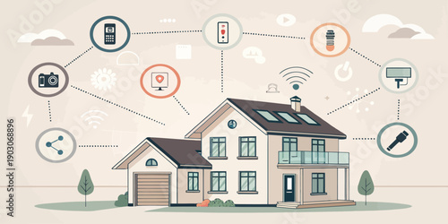 Smart home technology vector illustration depicting a modern, connected house and its integrated systems in a flat design.