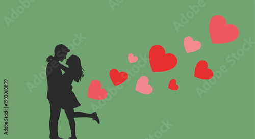 Silhouette of a couple embracing with hearts floating around them on a green background.