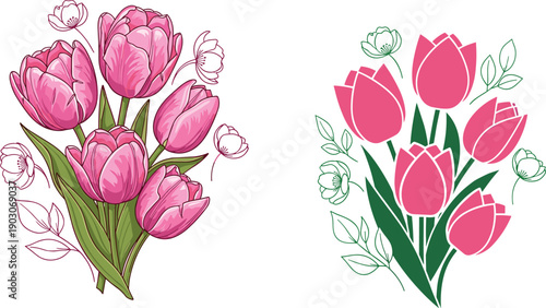 Pink tulip flower bouquet vector illustration, hand drawn and flat styles, spring floral botanical design, isolated on white background