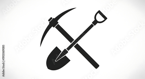 Crossed pickaxe and shovel illustration symbolizing mining and excavation work with black tools on white background