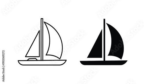 Black and white sailboat icons in line art and solid fill styles for design elements