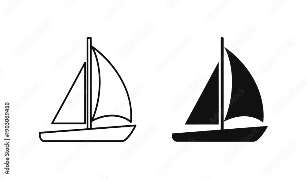 Fototapeta premium Black and white sailboat icons in line art style