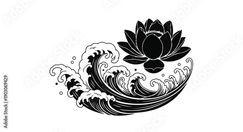 Serene black lotus flower floats above dynamic crashing waves, symbolizing tranquility and strength.