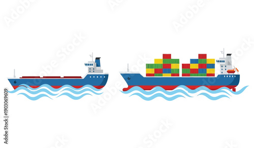 Two cargo ships with colorful containers on the water