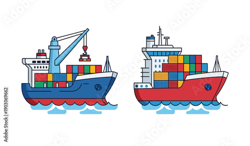 Two cargo ships with colorful containers on the water, illustration of blue and red vessels side by side
