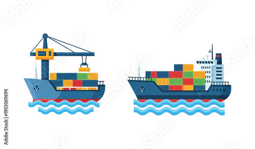 Two cargo ships with colorful containers on the water with a crane loading boxes for logistics and transportation concepts