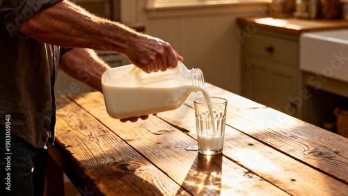Man pouring milk from gallon bottle into glass at wooden table in kitchen
