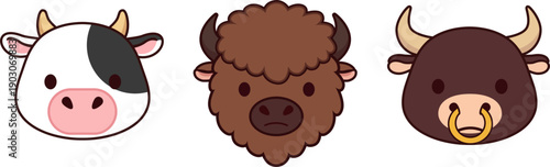 Cute farm animal face icons set in flat cartoon style cow bison bull