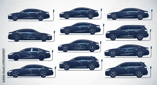 Collection of dark blue electric car silhouettes side view.