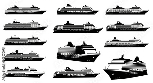 Collection of cruise ship silhouettes on white background.