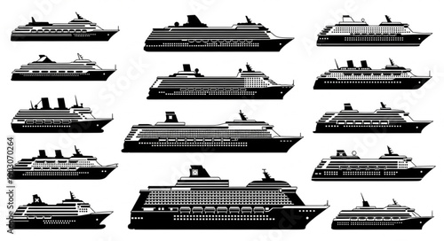 Collection of Cruise Ship Silhouettes Vector Illustration.
