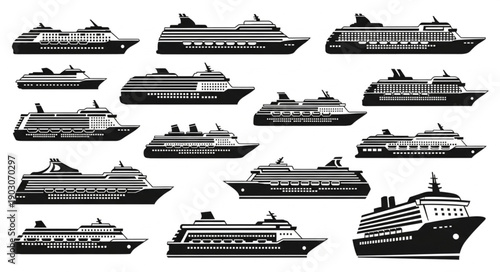 Collection of Cruise Ship Silhouettes Vector Illustration.