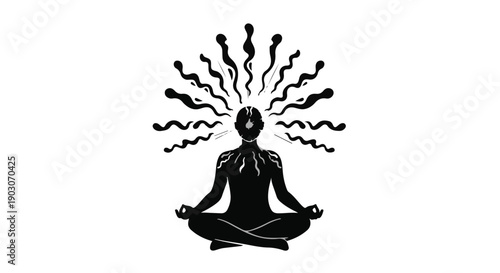 Silhouette of a person meditating with radiating energy and intricate patterns on shoulders, symbolizing inner peace and spiritual awakening.