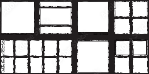 Abstract black and white graphic of a building facade with window frames