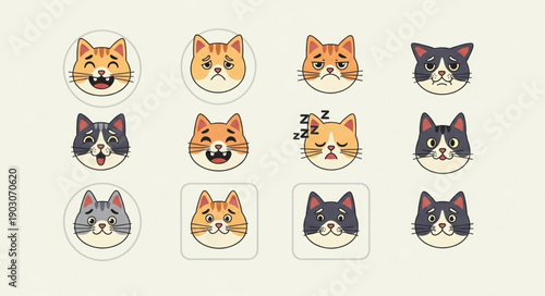 Collection of Cute Cartoon Cat Faces with Different Expressions.