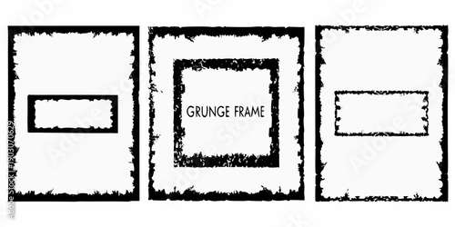 Three black and white rectangular frames with grunge textures and empty centers