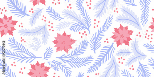 Festive winter pattern with poinsettia flowers and evergreen branches in pastel shades