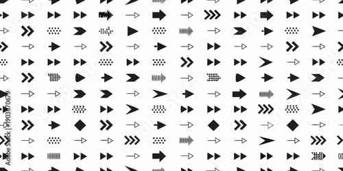 A seamless pattern of various black arrow icons on a white background
