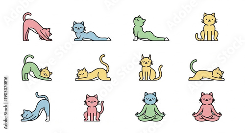 Collection of cute cartoon cats doing yoga poses.