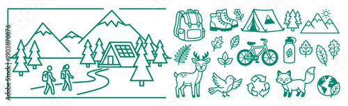 Eco tourism and hiking camping icons with mountain landscape scene green line art vector