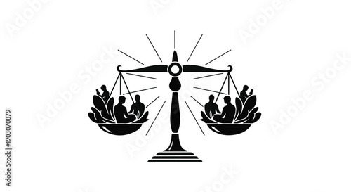 Symbolic scales of justice balancing diverse groups of people, representing fairness and equality.