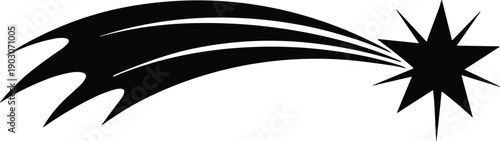 Vector illustration of stylized shooting star with curved trails in bold black design symbolizing motion, aspiration, and celestial phenomena