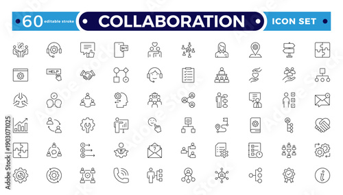 Collaboration outline icon set. Containing team working together, partnership, work group, agreement, handshake, support, structure hierarchy, co-worker, cooperation. Editable stroke outline icon.
